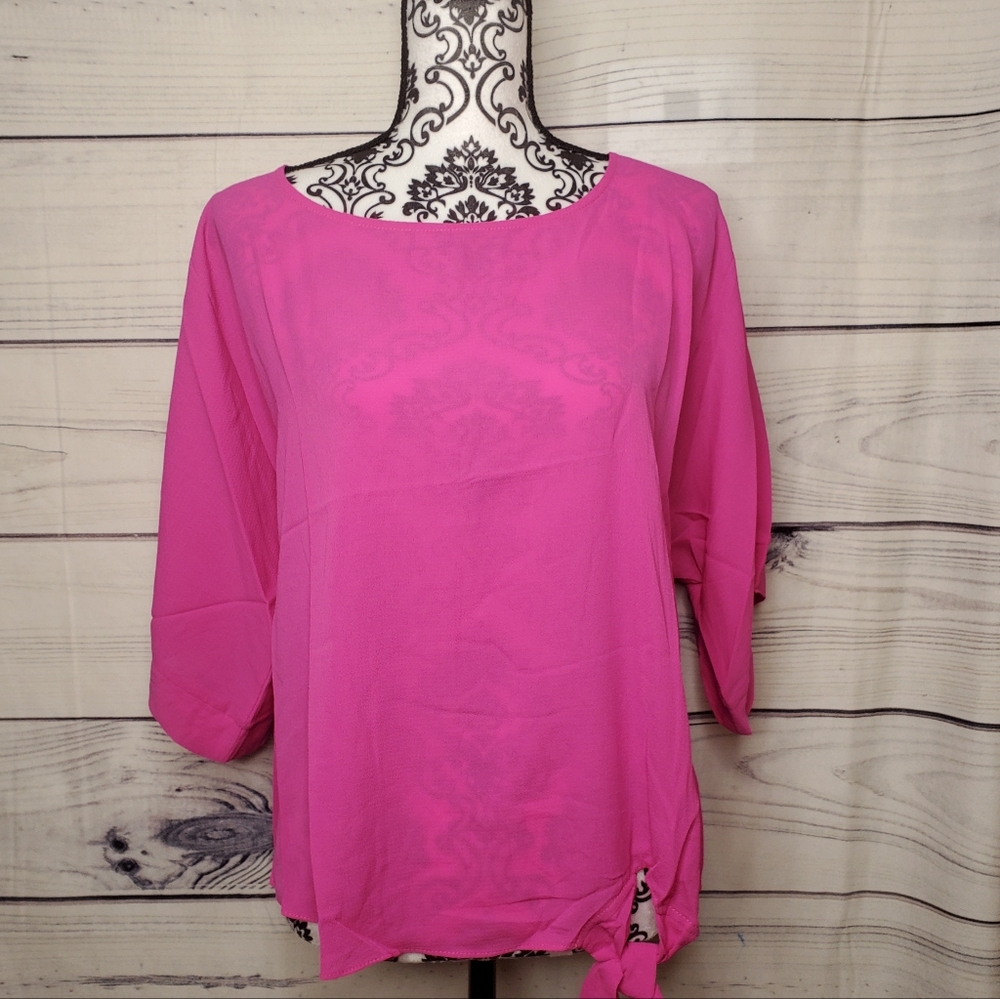 NWT Sky + Sky Women's Hot Pink Short Sleeve Blouse Top Side Bow Tie Hem Sz Small